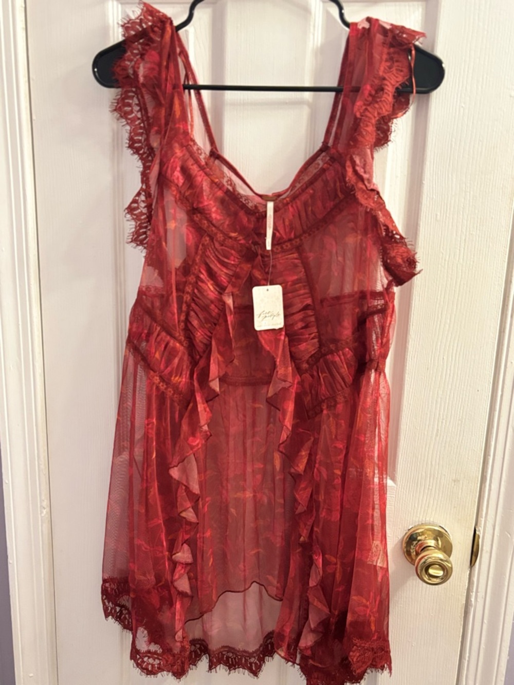 Free People Red Sheer Ruffle Lace Chemise